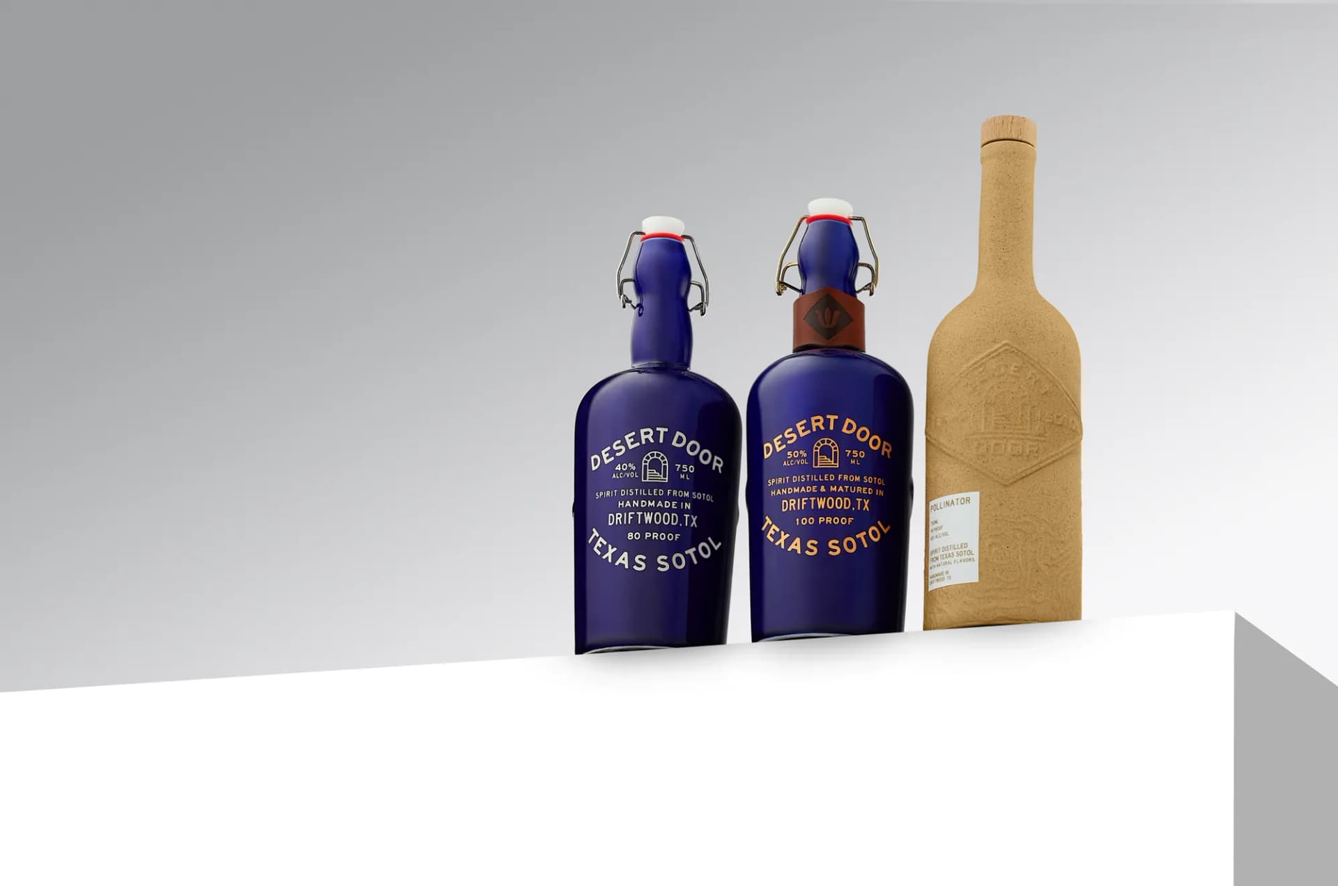 Desert Door Texas Sotol lineup of three bottles in studio