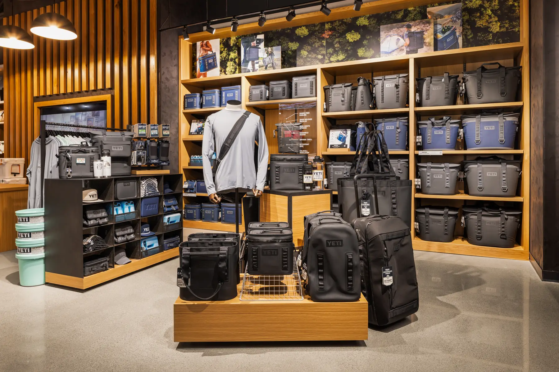 YETI backpacks and luggage merchandised along the wall
