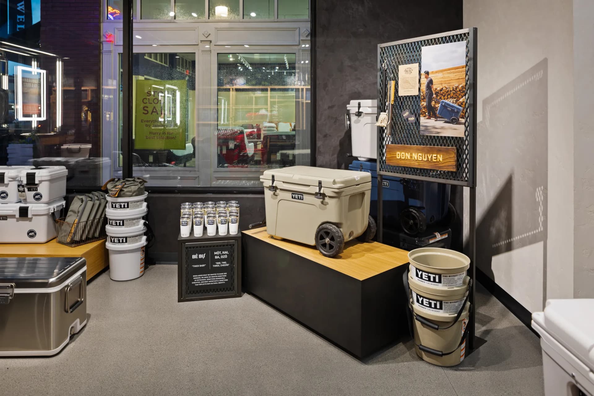 YETI hard coolers and buckets displayed by the store window